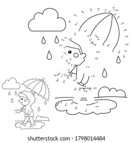 Numbers game for kids. Coloring Page Outline Of a boy walking in the rain. Coloring book for children.