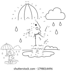 Numbers game for kids. Coloring Page Outline Of a girl walking in the rain. Coloring book for children.