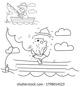 Numbers game for kids. Coloring Page Outline Of a Boy fisherman with a fishing rod in boat. Coloring book for children.