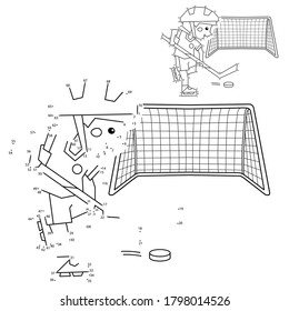Numbers game for kids. Coloring Page Outline Of cartoon boy playing hockey. Coloring book for children.