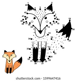Numbers game for kids with a cute fox. Connect the dots educational activity. Brainteaser puzzle for children. Vector illustration