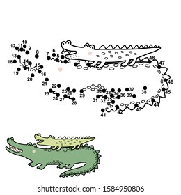 Numbers game for kids with funny crocodiles - mother and her baby. Dot to dot drawing and coloring game with cute alligators. Vector illustration