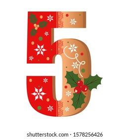 Numbers Gingerbread cookies vector - number 5 with flowers, leaves christmas and snowflakes. Illustration cookies numbers