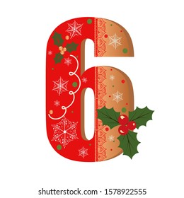 Numbers Gingerbread cookies vector - number 6 with flowers, leaves holidays and snowflakes. Illustration cookies numbers