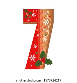 Numbers Gingerbread cookies vector - number 7 with flowers, leaves holidays and snowflakes. Illustration cookies numbers