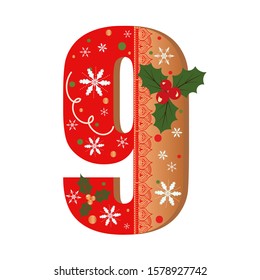 Numbers Gingerbread cookies vector - number 9 with flowers, leaves holidays and snowflakes. Illustration cookies numbers