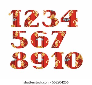 Numbers, gold flowers, vector, red. Colored, vector figures with serifs. Gold and blue flowers on red striped background. Imitation of gold embroidery. 