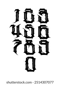 The numbers are in the Gothic style. Vector. Symbols isolated on white background. Calligraphy and lettering. Medieval figures. Individual symbols. Elegant font for tattoo.