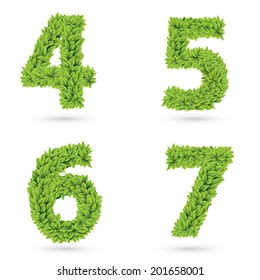 Numbers of green leaves collection. Decorative symbols isolated on white. Eps 10 vector illustration.