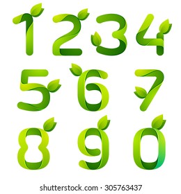 Numbers with green leaves set. Vector design template elements for your application or corporate identity.