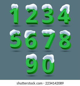 Numbers green set with snow. Collection of ten green numbers under snow. 3d vector realistic