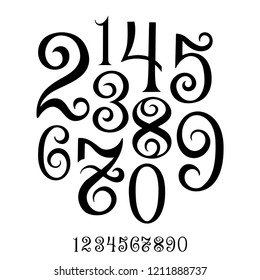 Numbers. Hand drawn set of ten numbers from zero to nine. Hand lettering numbers vector set. 