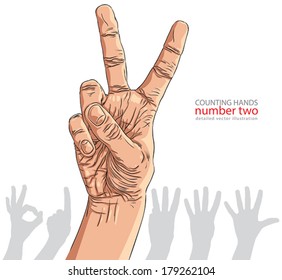 Numbers hand signs set, number two, detailed vector illustration.