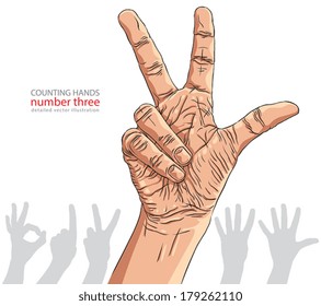 Numbers hand signs set, number three, detailed vector illustration.