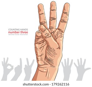 Numbers hand signs set, number three, detailed vector illustration.