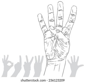 Numbers hand signs set, number four, detailed black and white lines vector illustration, hand drawn.