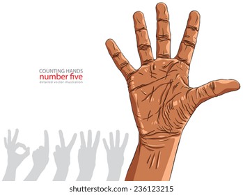Numbers hand signs set, number five, African ethnicity, detailed vector illustration.
