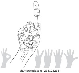 Numbers hand signs set, number one, detailed black and white lines vector illustration, hand drawn.