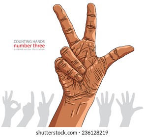 Numbers hand signs set, number three, African ethnicity, detailed vector illustration.