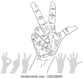 Numbers hand signs set, number three, detailed black and white lines vector illustration, hand drawn.