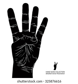 Numbers hand signs set, number four, detailed black and white vector illustration.