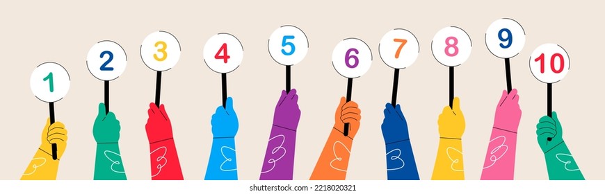 Numbers in hands. Numeric scorecard for judge competition. Jury results. Colorful vector illustration
