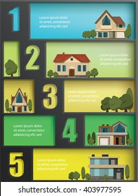 Cifras y casas infográficas ilustraciones planas vectoriales.