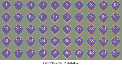 Numbers icon set 1 to 50 calendar table retro color