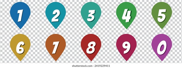 Zahlen Symbol auf transparentem Hintergrund. Nummer Bullet Point bunt Pfeil Set 1 bis 10.