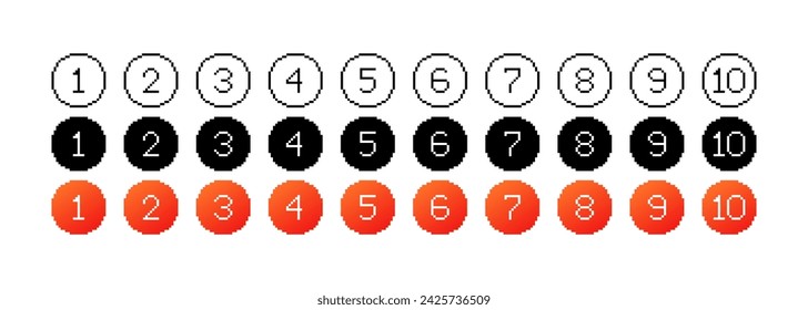 Nummernsymbol gesetzt. Symbole für Pixelzahlen. Linear, Silhouette und flacher Stil. Vektorsymbole