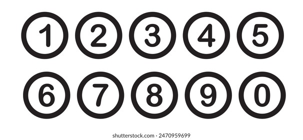 Numbers icon vector. Number buttons set icons in black and white colors. Set of Round 1-9 numbers icon. vector illustration.