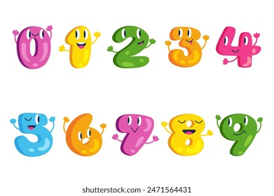 Numbers illustration in flat cartoon design. Colorful bubble numbers with cute faces are featured in this adorable image. Vector illustration.