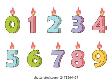 Numbers illustration in flat cartoon design. The illustration features colorful flaming numbers that are perfect for a happy birthday and done in a simple cute style. Vector illustration.