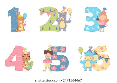 Numbers illustration in flat cartoon design. This adorable image features colorful numbers with cute kids and animals next to them and is perfect for a happy birthday. Vector illustration.