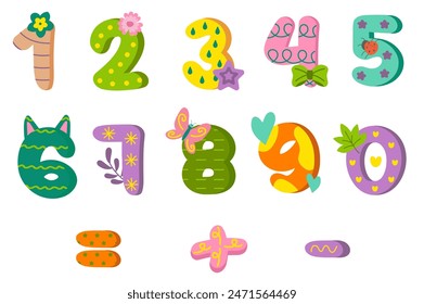 Numbers illustration in flat cartoon design. This adorable image features colorful numbers with cute details and is perfect for teaching kids math. Vector illustration.