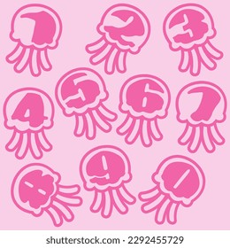 Numbers in jellyfish shapes. Isolated vector illustration in jellyfish shapes. Numbers of jellyfish shapes. Colorful numbers vector alphabet set on jellyfish shapes