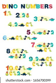  numbers for kids with dinosaurs, from 1 to 10. Kids learning material. Card for learning numbers. Number 1-10.