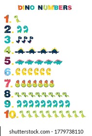 numbers for kids with dinosaurs, from 1 to 10. Kids learning material. Card for learning numbers. Number 1-10.