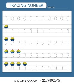Numbers for kids. Worksheet for kindergarten and preschool. Training to write and count numbers with backpacks
