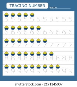 Numbers for kids. Worksheet for kindergarten and preschool. Training to write and count numbers with backpacks