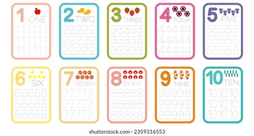 Numbers learning cards. Kindergarten flashcards with numbers, learning and spelling from 1 to 10 vector with illustration set