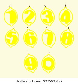 Numbers in lemon shapes. Isolated vector illustration in lemon shapes. Numbers of lemon shapes. Colorful numbers vector alphabet set on lemon shapes