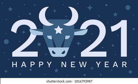 Numbers and letters 2021 with a bull head inside. Chinese Ox symbol. Flat vector illustration in blue colors. Happy New Year banner or postcard.