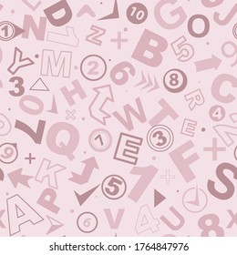 Números, letras, flechas en rosa. Antecedentes en un tema escolar. De vuelta a la escuela. Patrón vectorial sin cable.