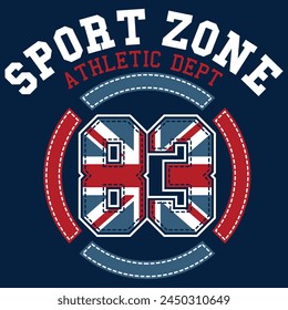 Numbers and letters with English flag textures, college or vintage varsity style, avant-garde university.