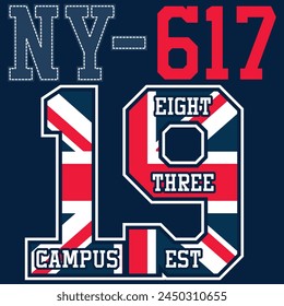 Numbers and letters with English flag textures, college or vintage varsity style, avant-garde university.