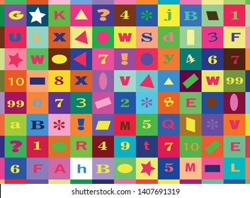 Numbers and Letters, multiple color background, ideas and designs for modern kids rug, carpets, and mats. Abstract colorful wallpaper.