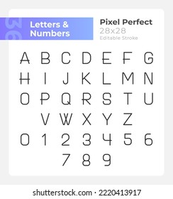Números y letras píxel perfecto conjunto de iconos lineales. Material educativo. Símbolos de línea delgada personalizables. Ilustraciones aisladas del contorno vectorial. Trazo editable. Montserrat Negrita, fuentes ligeras usadas