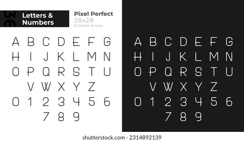 Numbers and letters pixel perfect linear icons set for dark, light mode. Education. Thin line symbols for night, day theme. Isolated illustrations. Editable stroke. Montserrat Bold, Light fonts used