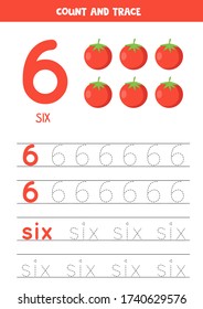 Numbers and letters tracing practice. Writing number 6 and the word six. Tracing worksheet with cartoon tomatoes. Ready for print. Math game for children who learn to count and write.